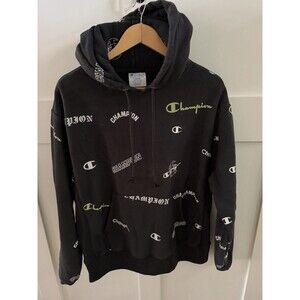 Men’s Champion Reverse Weave Hoodie Multi Logo Pullover Black/White/Neon Sz L
